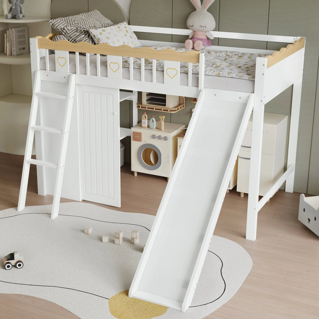 LETTO A CASTELLO ALTO con scivolo, armadio, 90x200 cm, bianco/naturale
