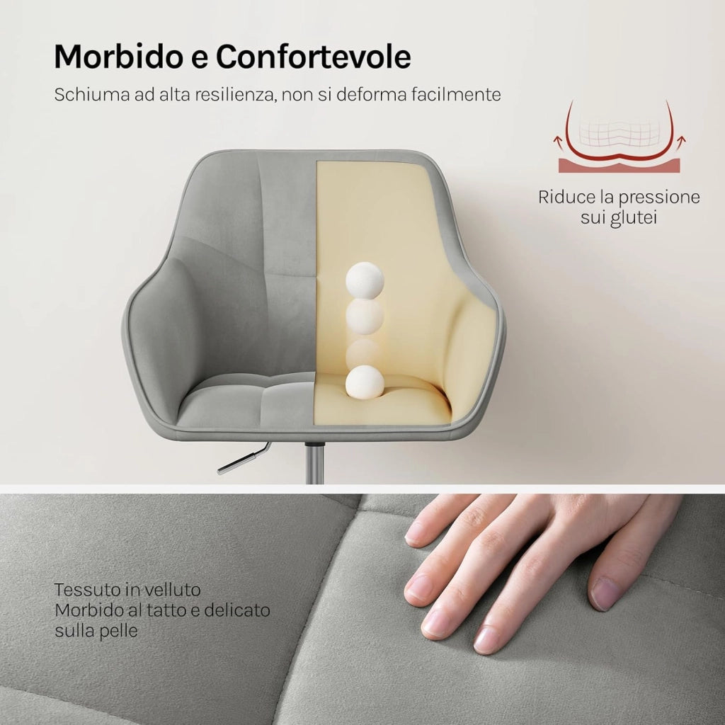 Sedia Ufficio in Velluto con Braccioli e Rotelle, Poltroncina Regolabile in Altezza Girevole, Sedia da Trucco, Grigio Chiaro, BS145hgr