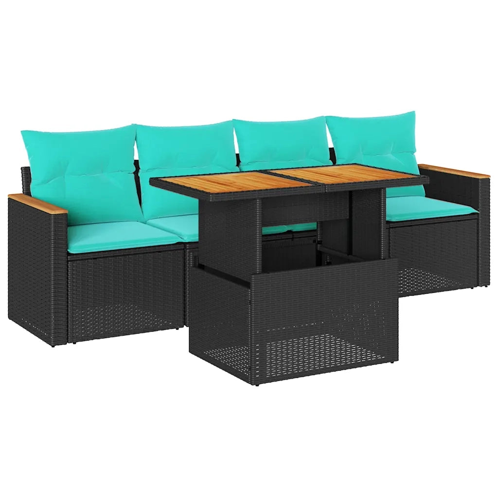 Set Divani da Giardino 5 pz con Cuscini in Polyrattan Nero