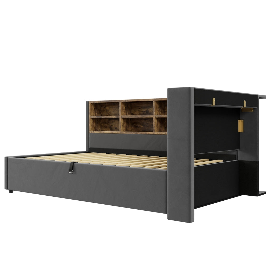 DESMIU Letto adulto 90 × 200 cm con contenitore idraulico, USB, Type-C, luce, ripiani, senza materasso, grigio