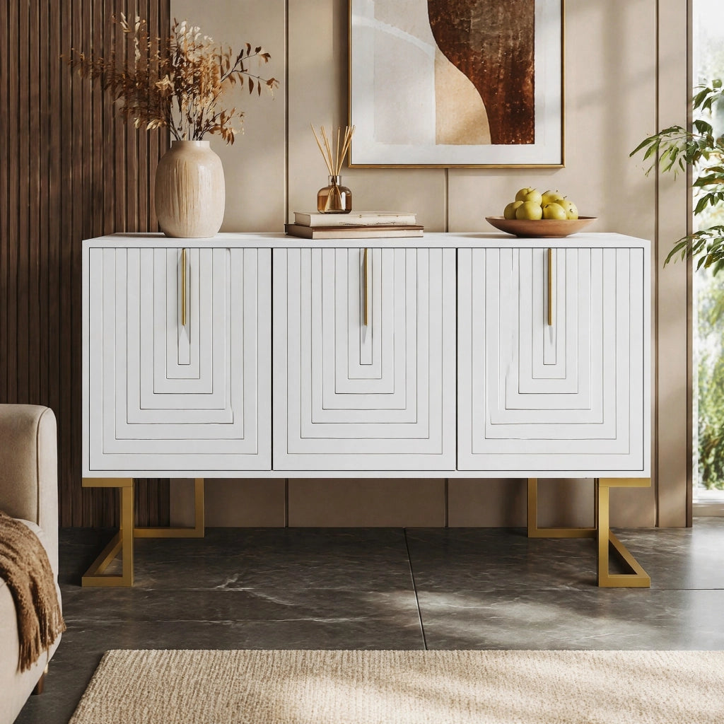 Credenza bianca in MDF e pannelli di particelle, 3 ante con ripiani regolabili