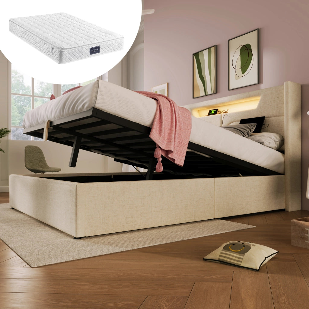 OKWISH Letto Contenitore Letto Matrimoniale, USB, Tipo C e LED, 160 x 200 cm, con Materasso, Lino, Beige