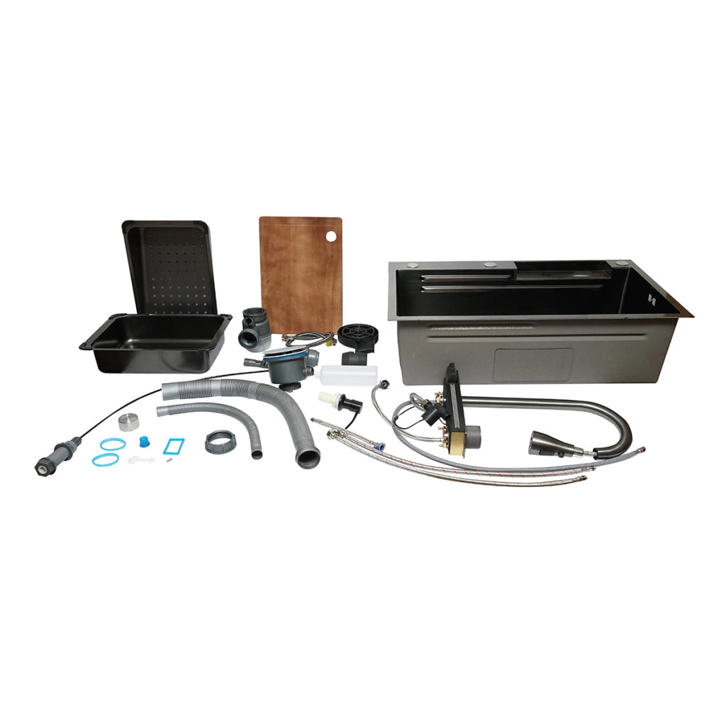 Lavello da cucina multifunzionale in acciaio inox con display digitale della temperatura, funzione cascata, lavapentole, dispenser di sapone, scolapiatti, vassoio, tagliere e accessori inclusi, dimensioni 75×46×23,5 cm.
