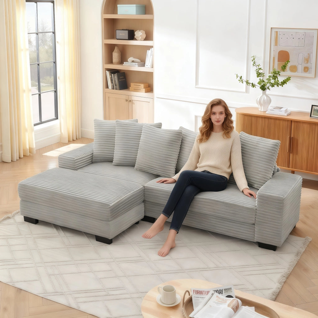 Divano Angolare 4 Posti ¨C MINIMAL ¨C Tessuto Corduroy Grigio, 256x133x89 cm, 6 Cuscini