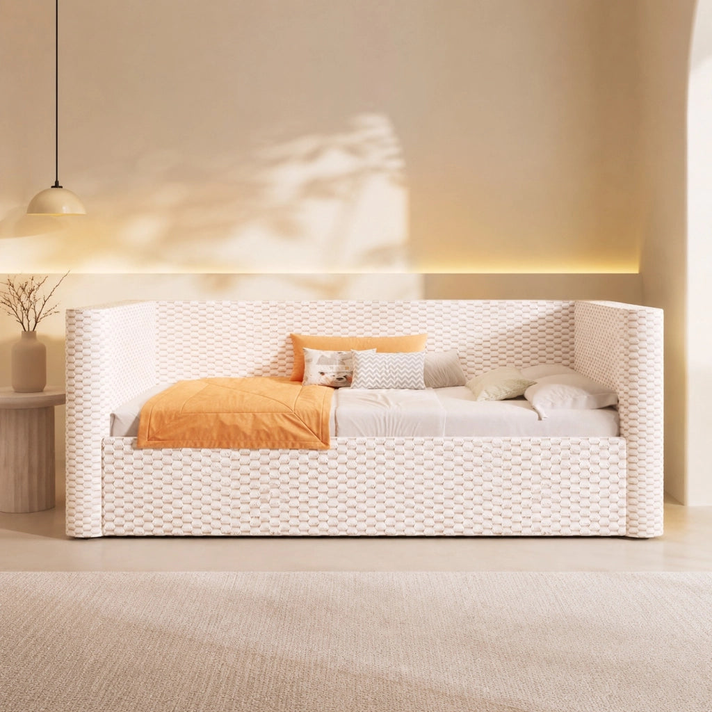 Divano letto 90x200 cm in velluto beige con LED e vano contenitore