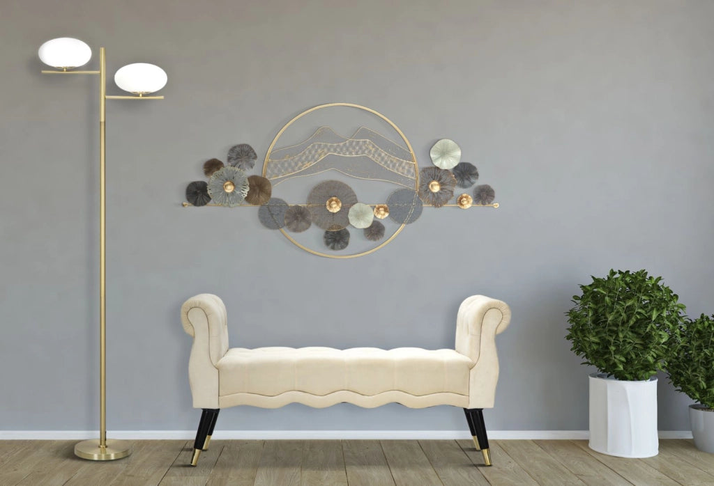 Panchetta Paris 120x40x60 cm in Legno Spugna Metallo e Poliestere Crema Nero e Oro