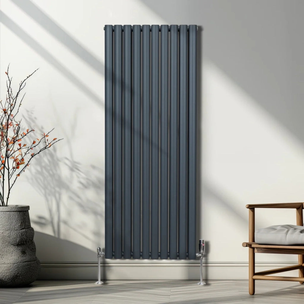 Radiatore a colonna ovale e valvole cromate TRV Designer grigio antracite 1600mm x 600mm