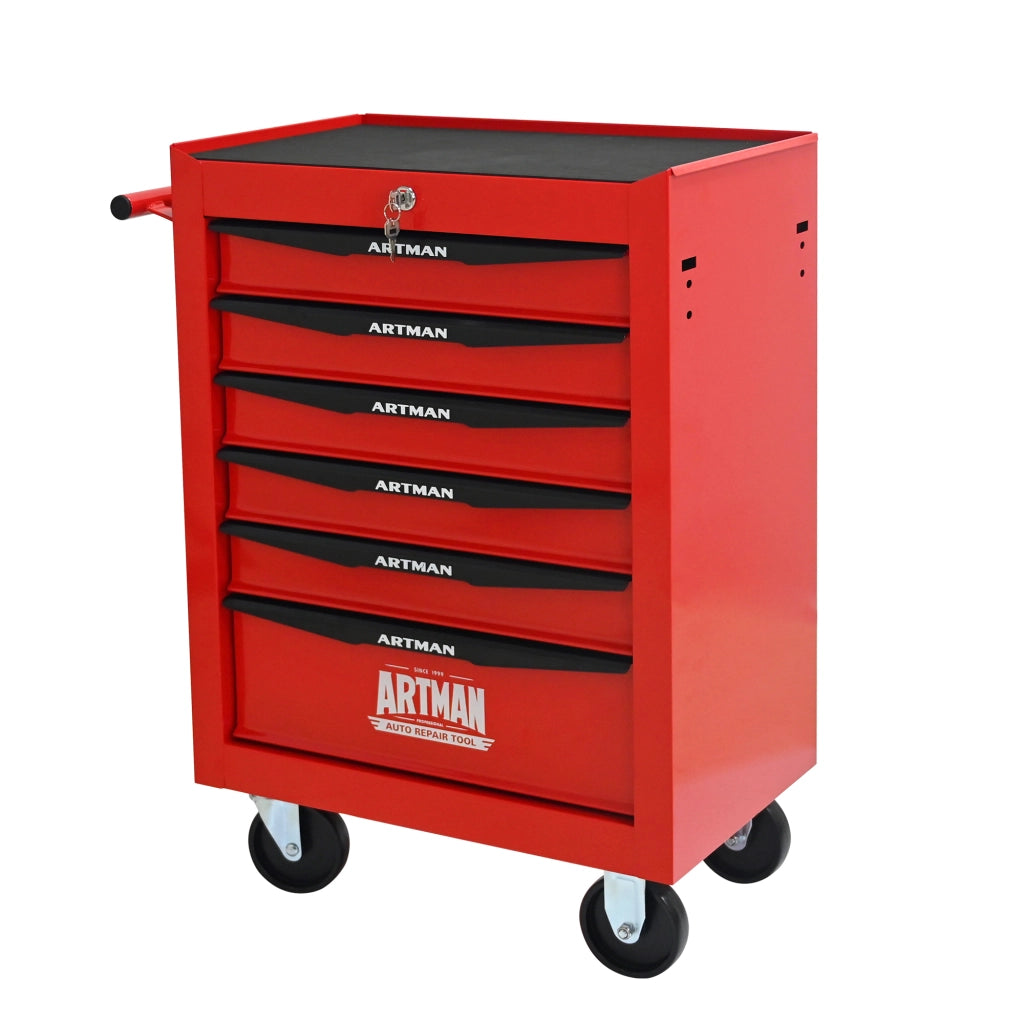Mobile contenitore con 6 cassetti e ruote, chiudibile, in acciaio, per garage e officina, rosso e nero, 60 × 33 × 77,5 cm