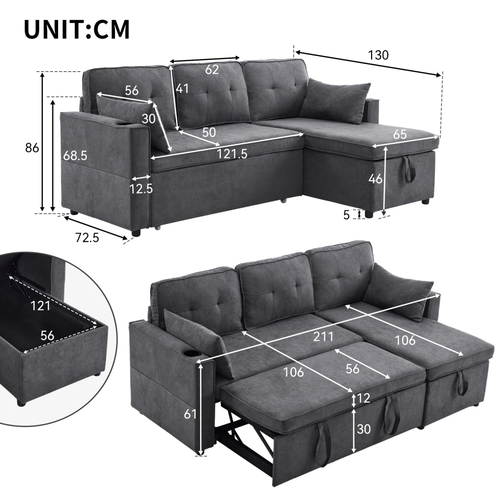 Divano letto con chaise longue reversibile; contenitore e portabicchieri in cotone e lino grigio