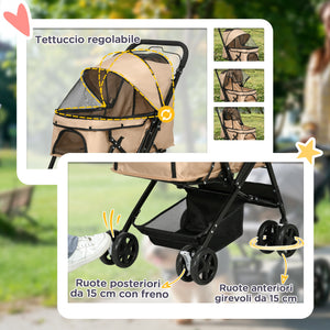Passeggino per Cani Piccoli Pieghevole Maniglione Reversibile 76,5x52x95cm Marrone Chiaro