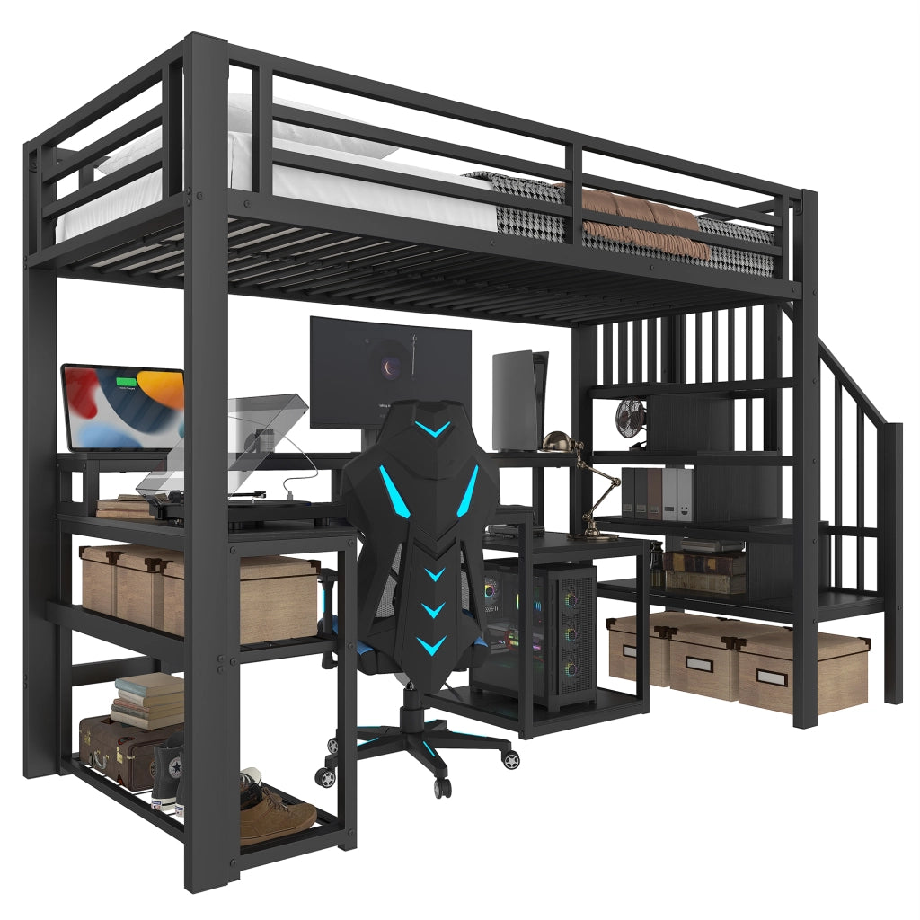 OKWISH Letto a soppalco 90×200 cm, Letto Singolo con Mensole, Scala contenitore, LED Regolabile e USB, senza Materasso, Nero