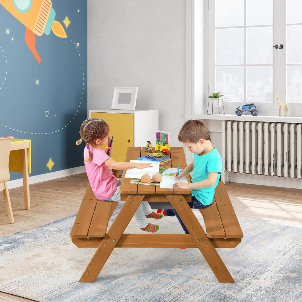 Set Tavolo e Sedie per Bambini da Giardino 3 in 1, con Ombrellone Rimovibile e Regolabile, Piano Rimovibile, Tavolo con Panche in Legno per Bambini da Interno Esterno (Colore 3)