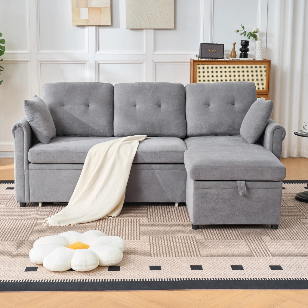 Divano angolare convertibile con vano contenitore e funzione letto chaise longue reversibile in ciniglia grigia