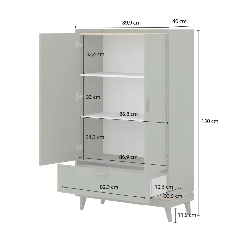 Armadio NOKI – 2 ante + 1 cassetto verde e legno – Piccolo armadio stile scandinavo