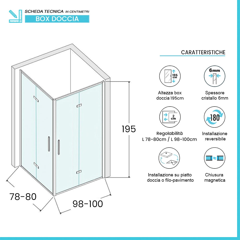Box doccia angolare doppio soffietto 100x80 in vetro temperato trasparente con profili nero opaco Neos