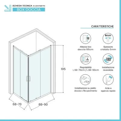 Box doccia angolare 70x90 cm nero opaco con doppio scorrevole  Tay