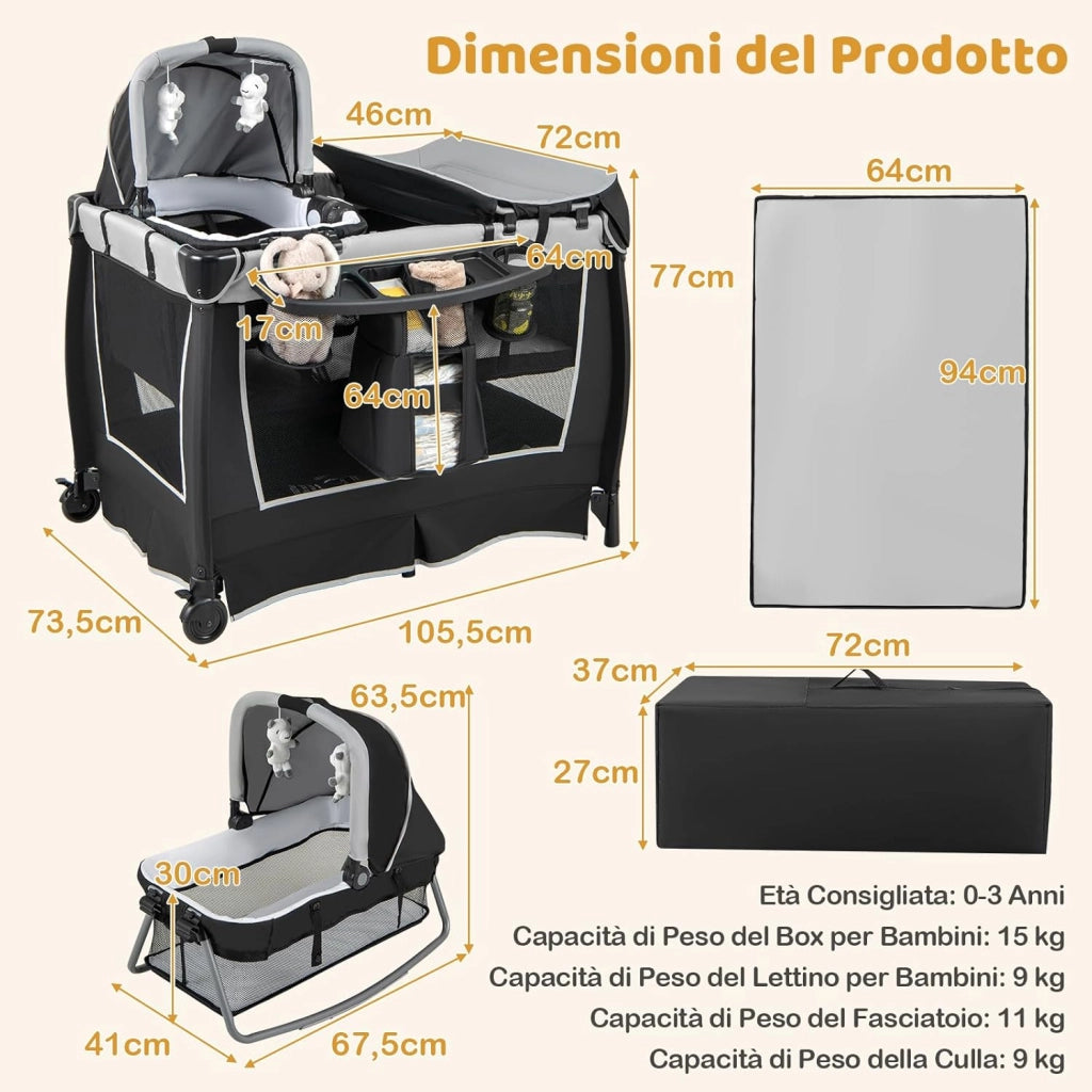 6 in 1 Lettino da Campeggio per Bambini, Culla Viaggio con Materasso, Fasciatoio e Giocattolo, Box Portatile Pieghevole, Ruote Bloccabili, per Banbini 0-3 Anni (Grigio, 105,5 x 73,5 x 77 cm)