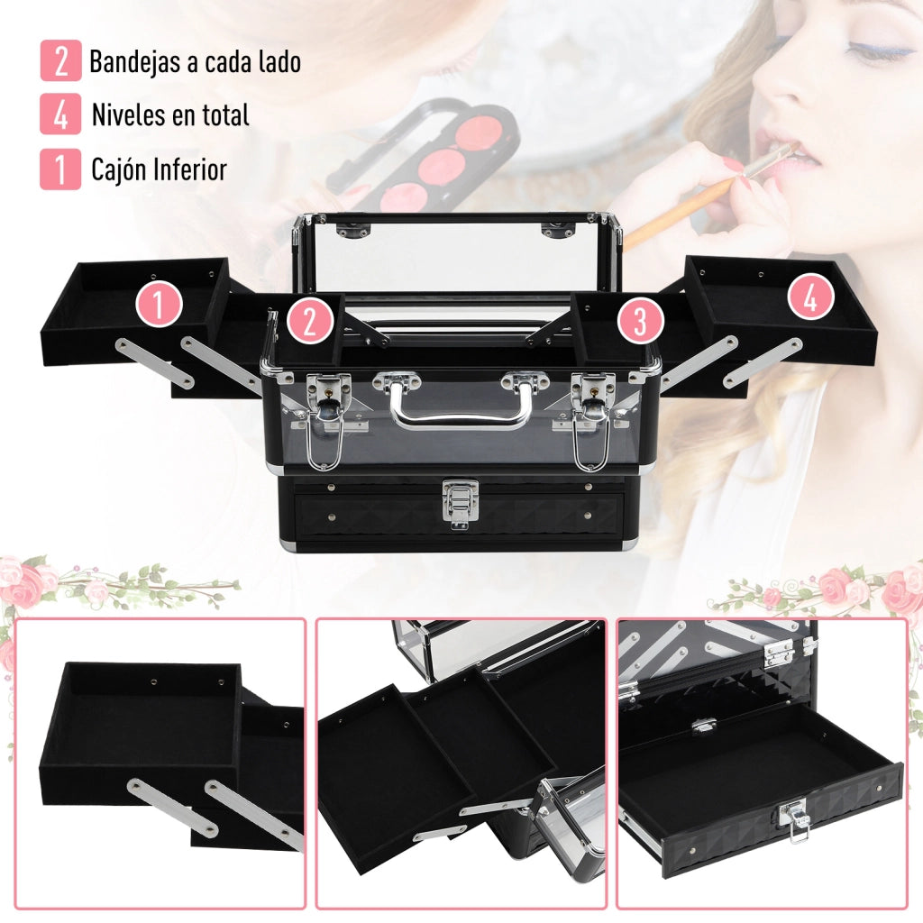 Organizzatore Portatile per Trucco e Gioielli con Bandeje Estraibili ¨C Zephmum ¨C 30x18,5x22 cm Trasparente e Nero
