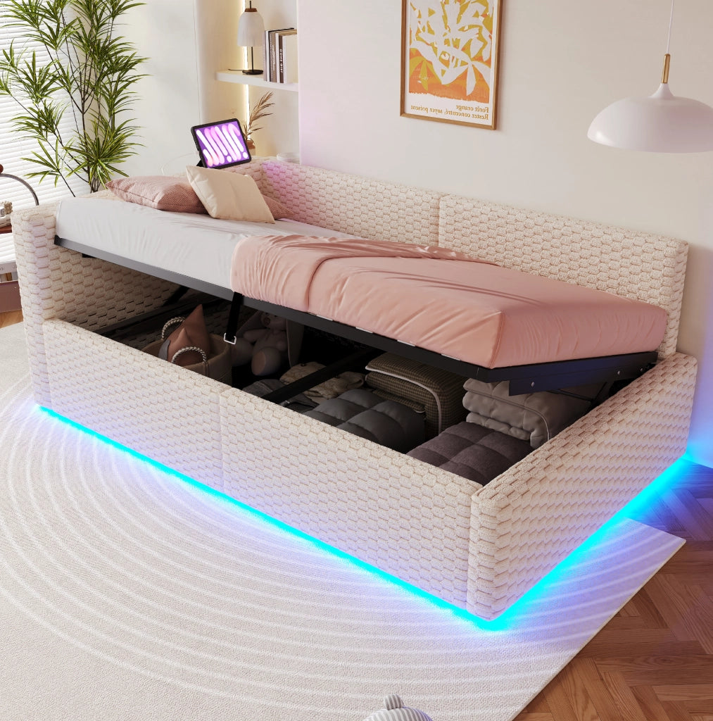 Polsterbett 90x200 cm con contenitore; LED; USB e Type-C; velluto beige