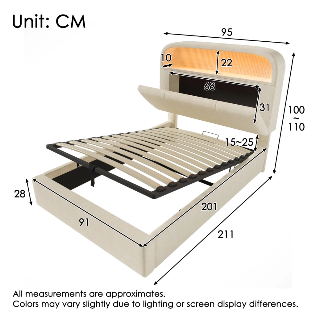 LETTO contenitore 90x200 cm in velluto beige con materasso incluso, LED e USB/Type-C