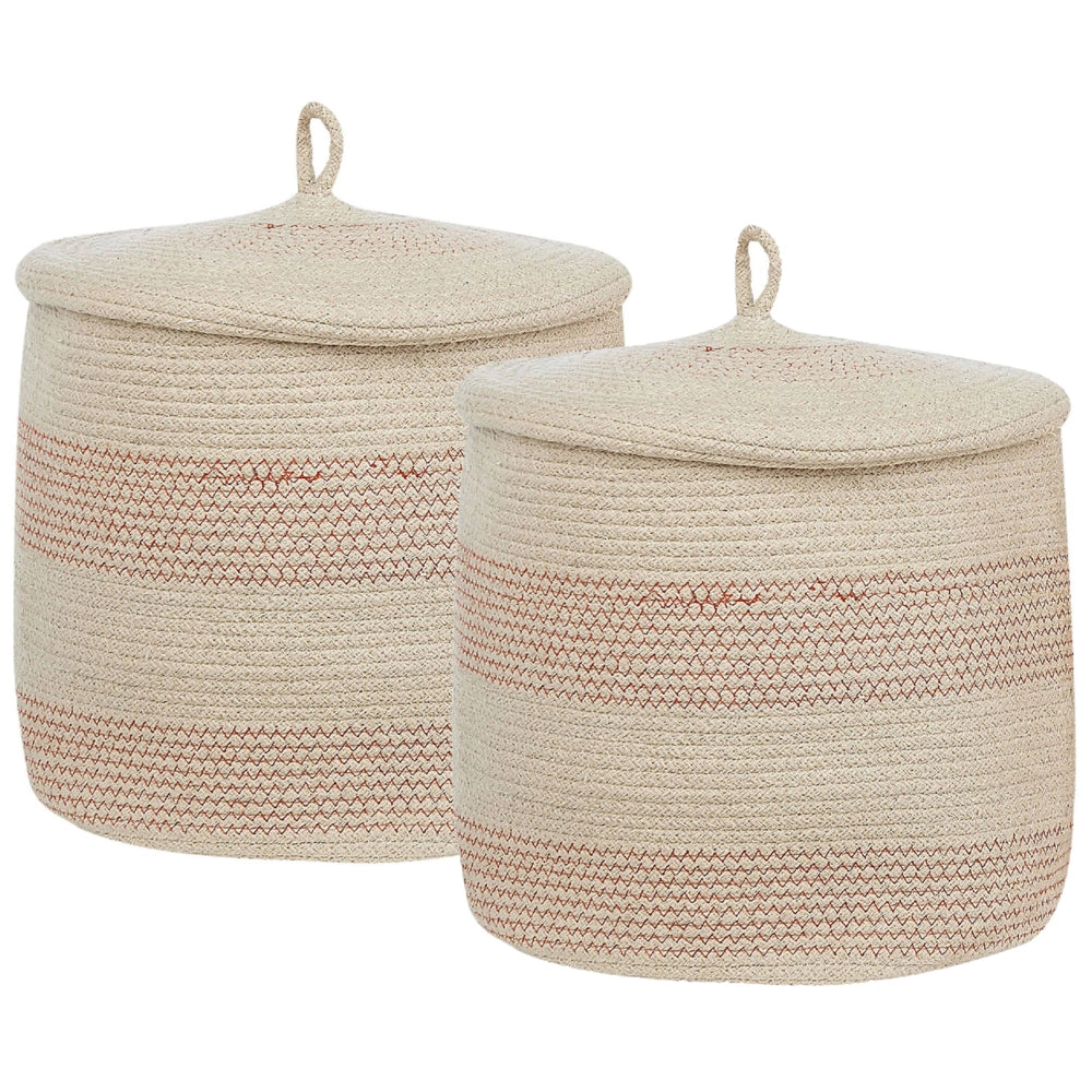 Set di 2 cestini beige chiaro con tessuto di cotone a righe rosa con coperchio boho accessori per la conservazione
