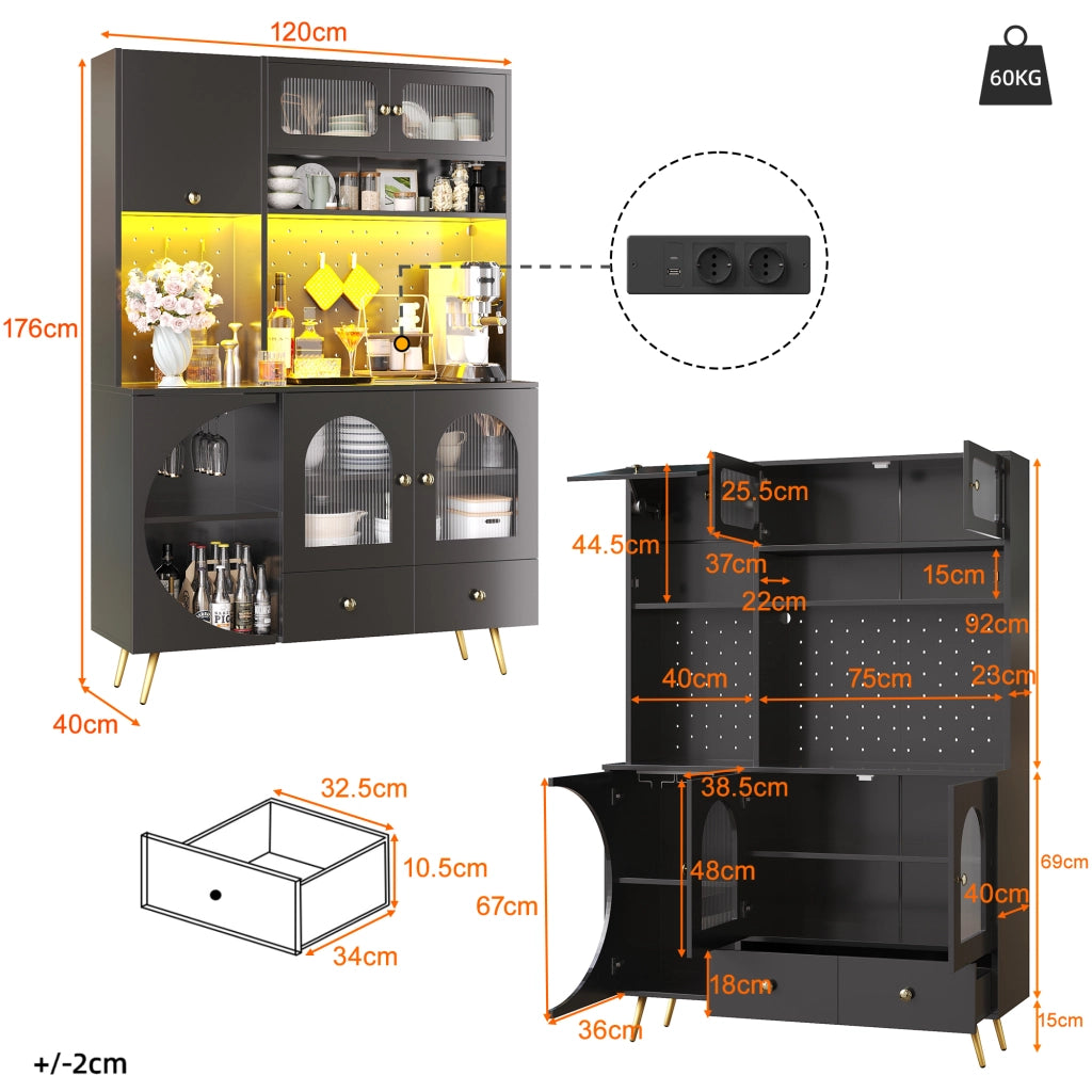 OKWISH Credenza alta da cucina con scaffali, 1 cassetto e vani aperti, LED, prese e porte USB, 120×40×176 cm