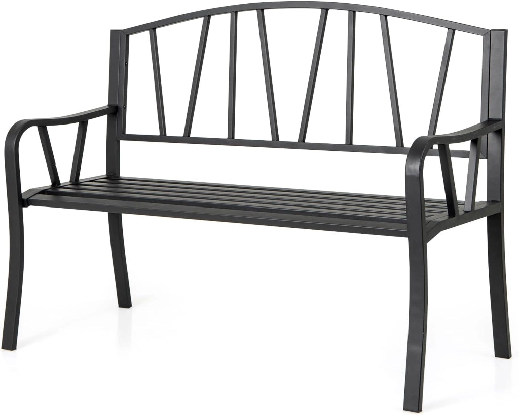 Panca esterna da giardino, seduta a doghe per 2-3 persone, capacità 300 kg, schienale semplice, braccioli curvi, panca da giardino in metallo robusto per terrazza, parco (129 x 53 x 93 cm)