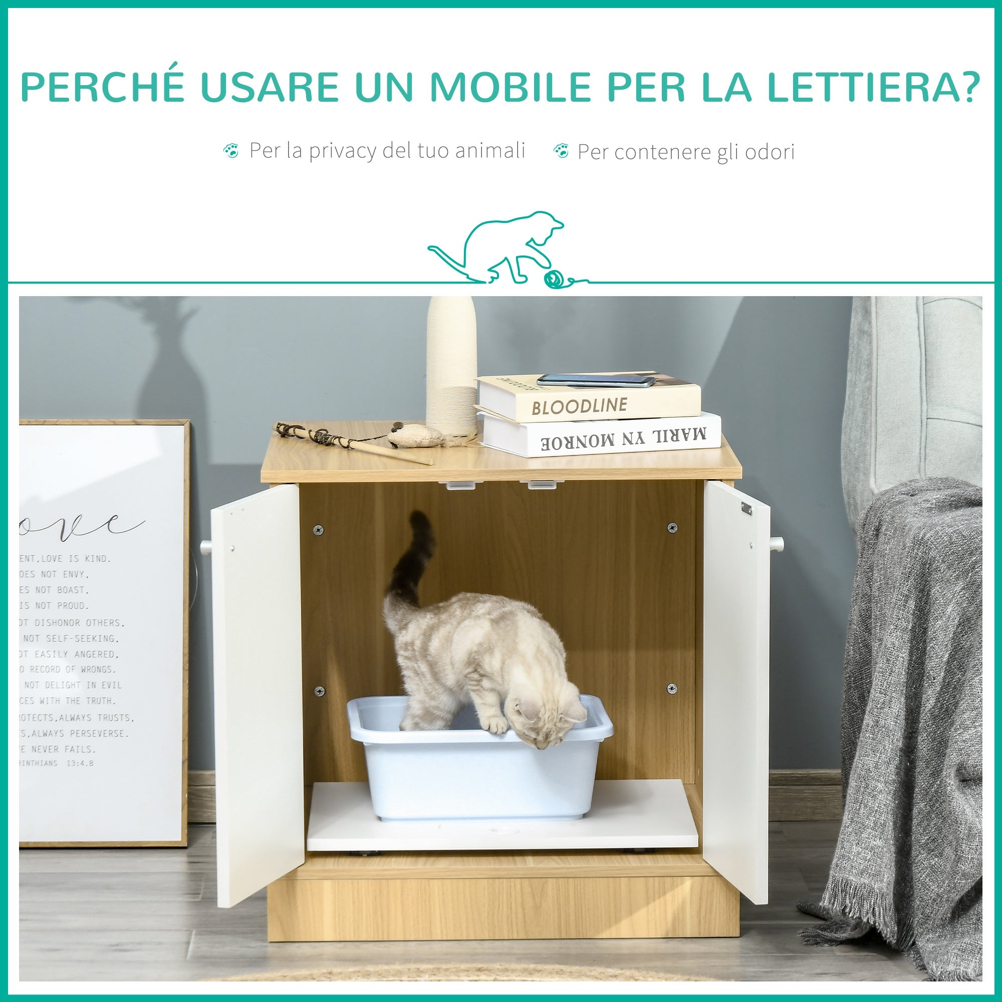 Mobile Lettiera per Gatti 60x55x62,5 cm in Legno Legno e Bianco