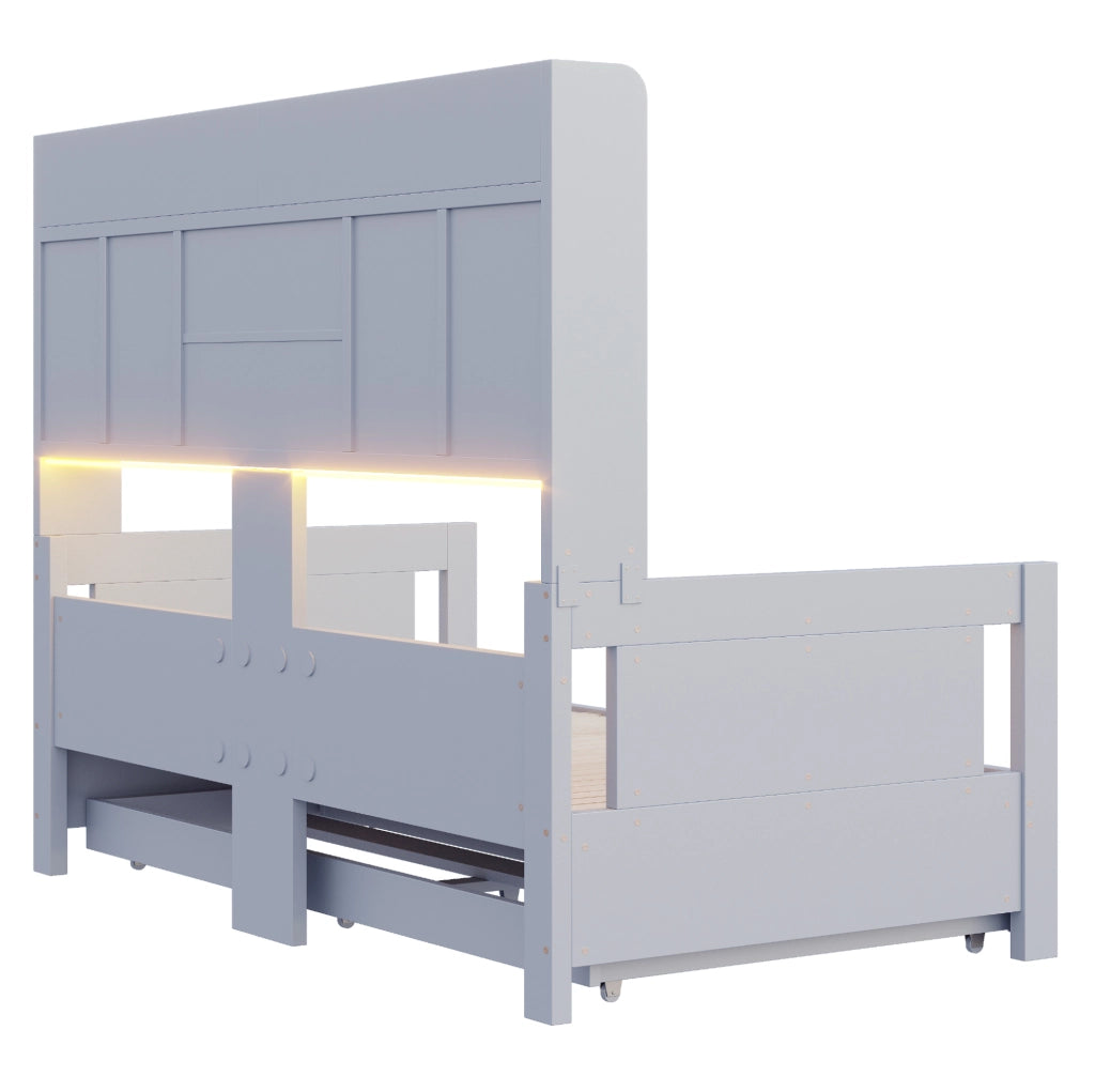 Divano letto estraibile 90x190 cm con cassetti e LED in legno grigio