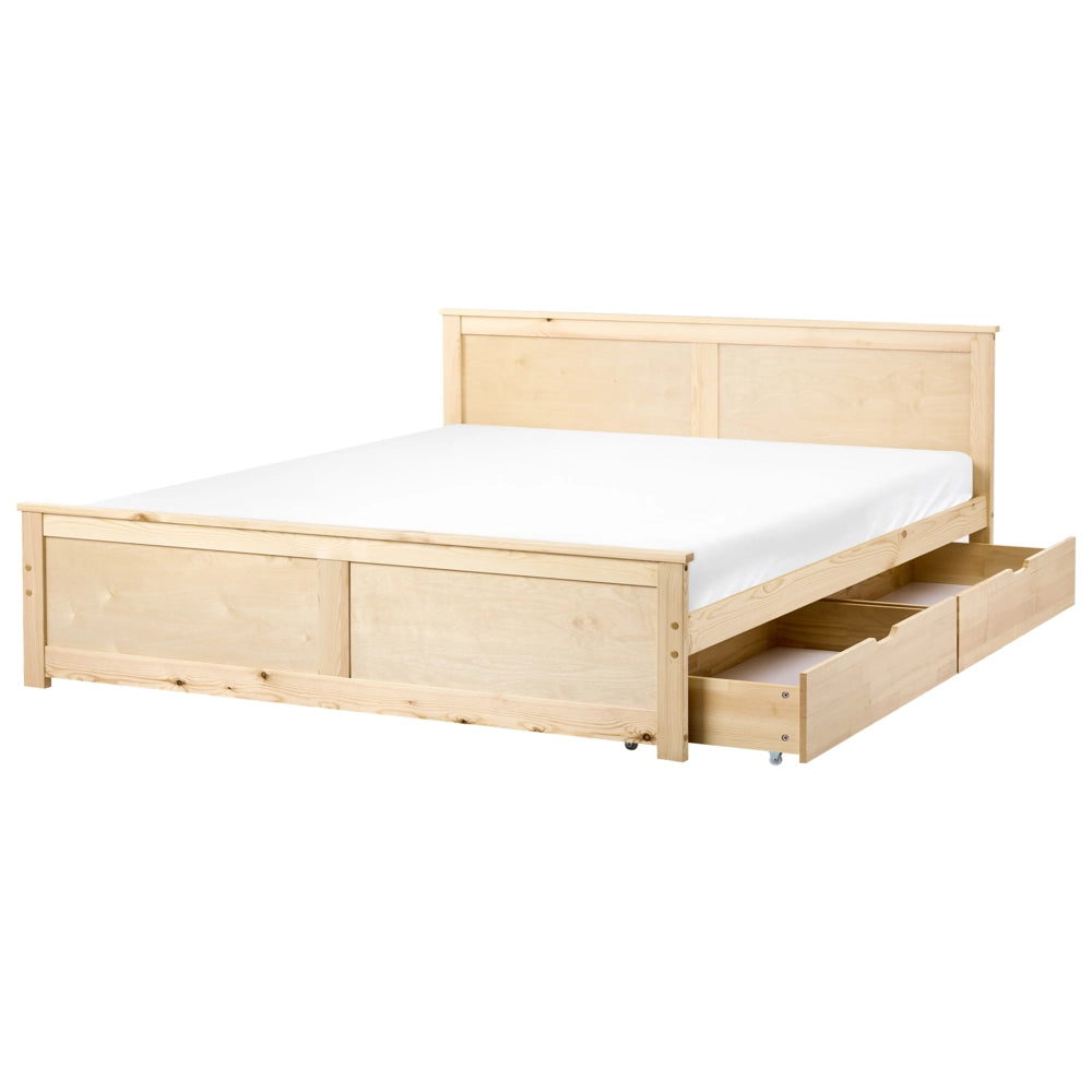 Letto matrimoniale con 2 cassetti in legno marrone chiaro stile 180 x 200 cm con testiera in stile scandinavo