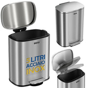 Pattumiera Rettangolare 21,5x20,5x30 cm Apertura a Pedale 5L Bidone Spazzatura in Acciaio Inox
