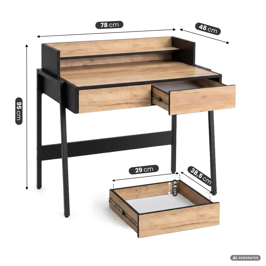Scrivania industriale per computer Rovere Craft FLUX 78 cm 2 cassetti 1 ripiano gambe nere