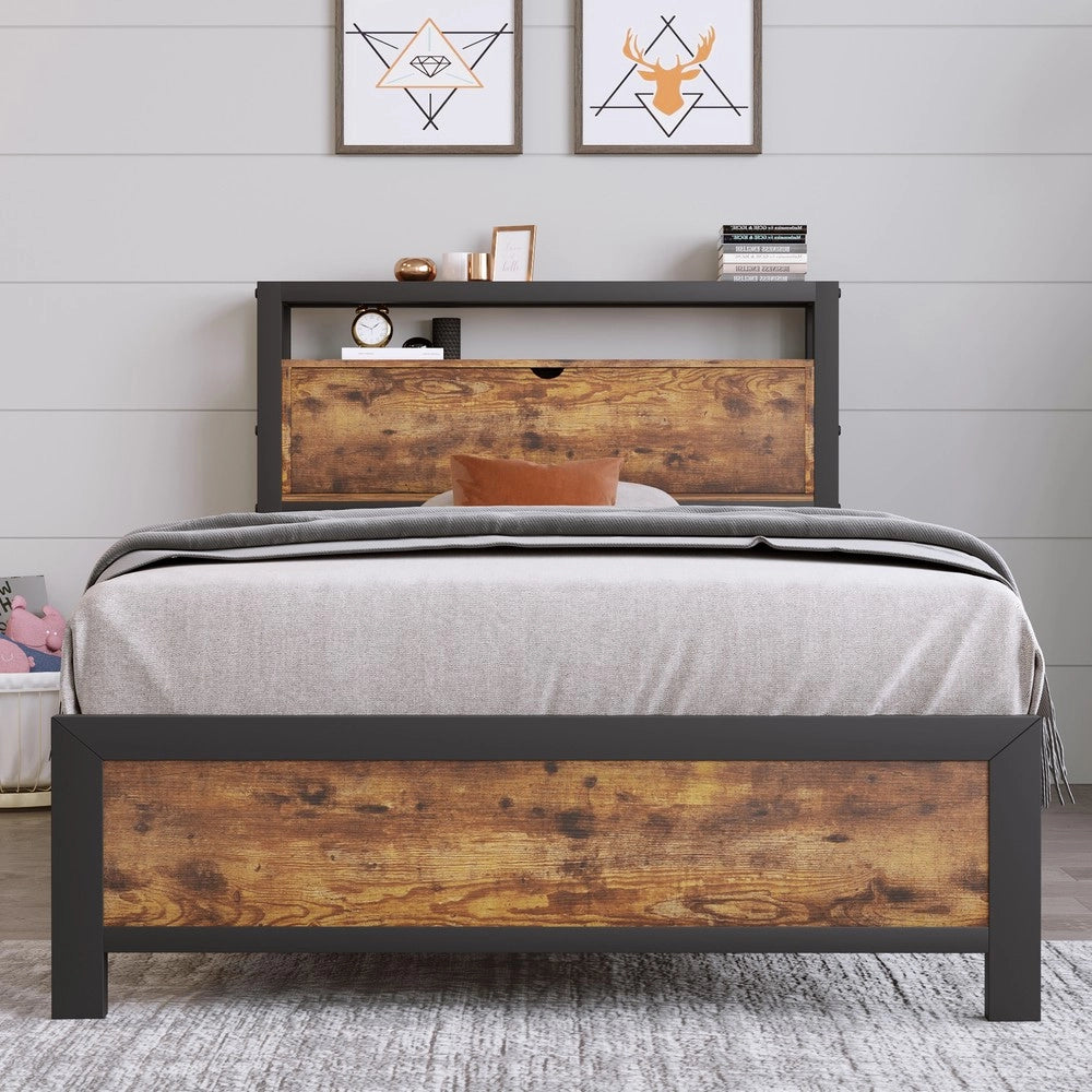 Letto Singolo in Metallo con Testiera Contenitore e Rete a Doghe ¨C MINIMAL ¨C Nero 90x200