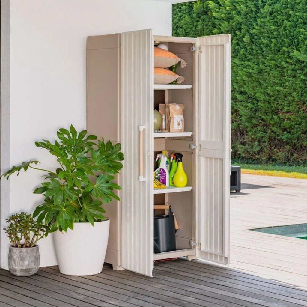 Armadio da esterno Melville, Mobile outdoor, Mobiletto giardino multiuso, Contenitore per balcone o garage, Made in Italy, 80x45 h180 cm, Sabbia
