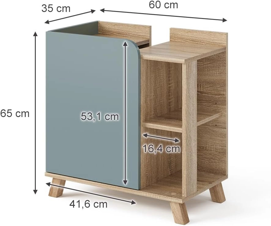 Mobiletto per lavabo Karen, Sonoma/blu, 60 x 65 cm con porta e vani aperti, con ritaglio per sifone per il montaggio sotto il lavabo