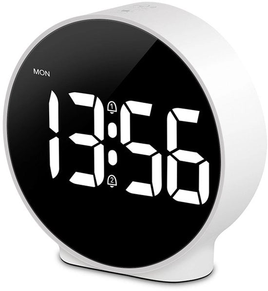 Alarme da 4 pollici con LED, 3 livelli di luminosità, visualizzazione 12/24 ore, doppia funzione sveglia e pausa, alimentazione USB, orologio da tavolo adatto per camere da letto, bambini e adulti - cassa bianca - lettere bianche