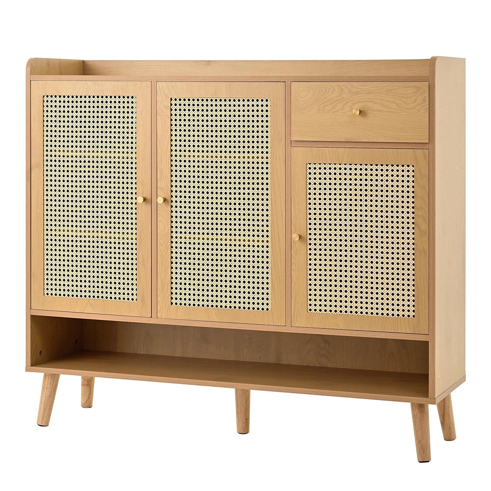 Armadio scarpe in vimini naturale - Xylo - 3 ante, 1 cassetto, 5 ripiani, piedi in legno, 120x106x35 cm