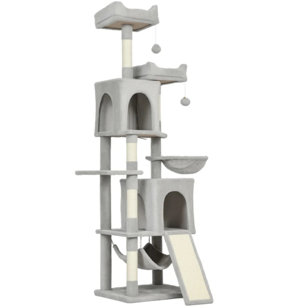 Torre gioco per gatti con 3 piattaforme, 2 nicchie, 2 cucce, 2 amache, 1 gradino, altezza totale 177 cm