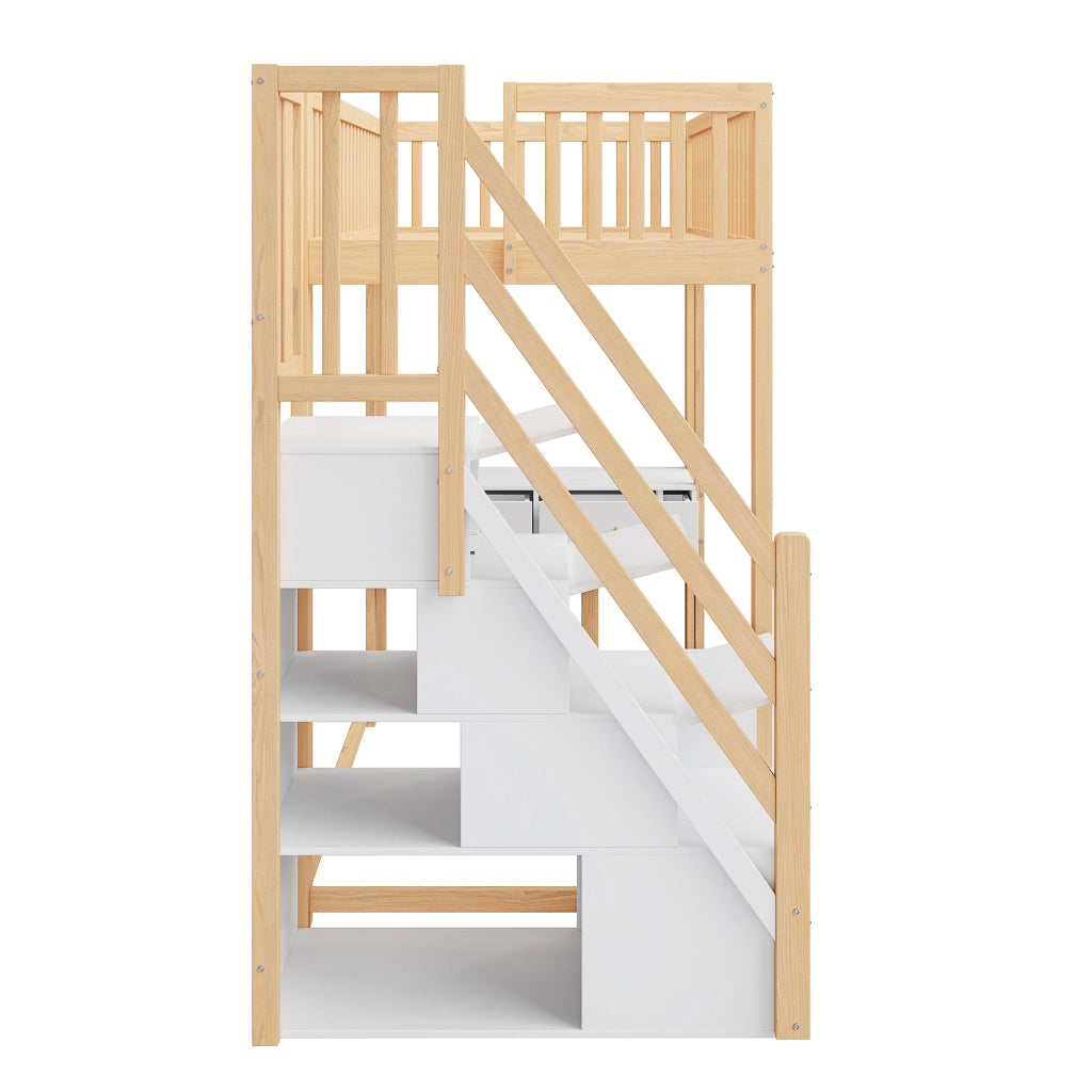 LETTO A SOPPALCO 90x200 cm con tavolo multifunzione, scala contenitore, bianco e rovere chiaro