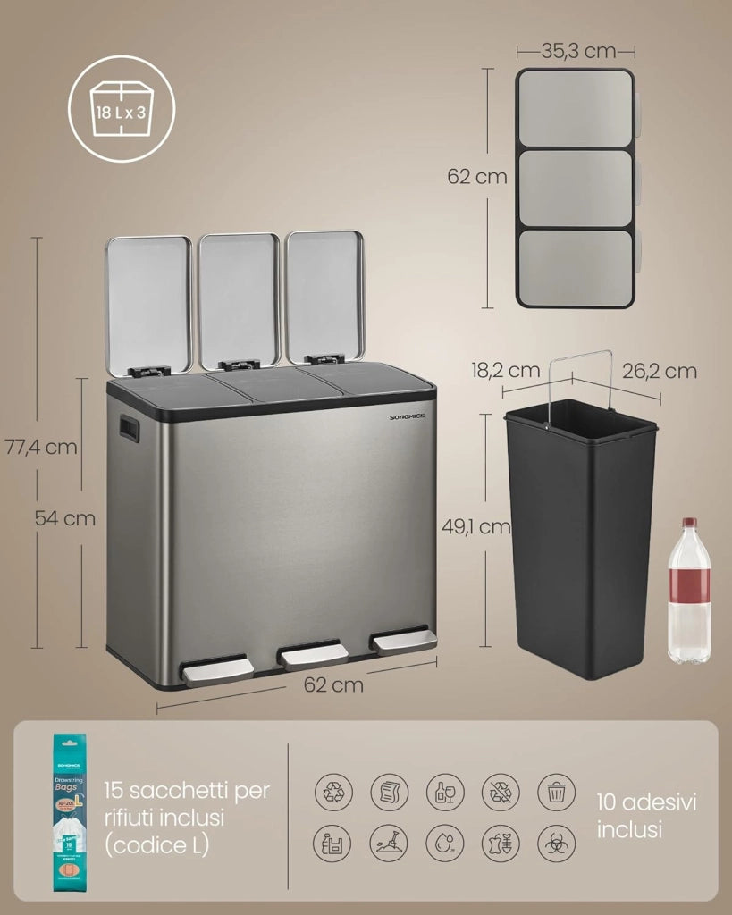 SONGMICS Pattumiera Cucina 3 x 18 L, Cestino per Raccolta Differenziata 3 Scomparti, 15 Sacchetti, Secchi Rimovibili, Coperchio, Maniglie, Chiusura Morbida, Acciaio Inox, Argento LTB254EZ01