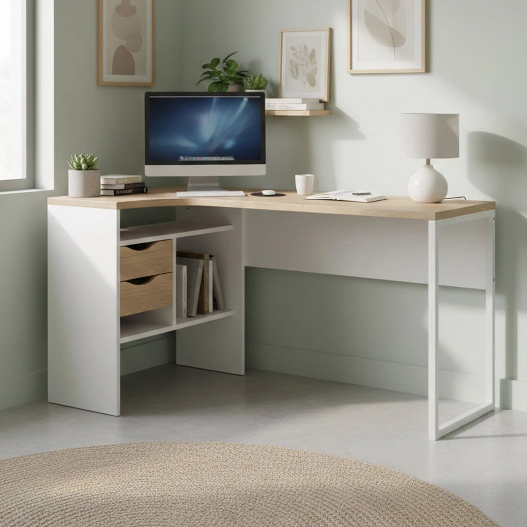 Scrivania Moire, Scrittoio multiuso, Tavolo per ufficio porta PC, Piano di lavoro, 145x81 h77 cm, Bianco e Rovere