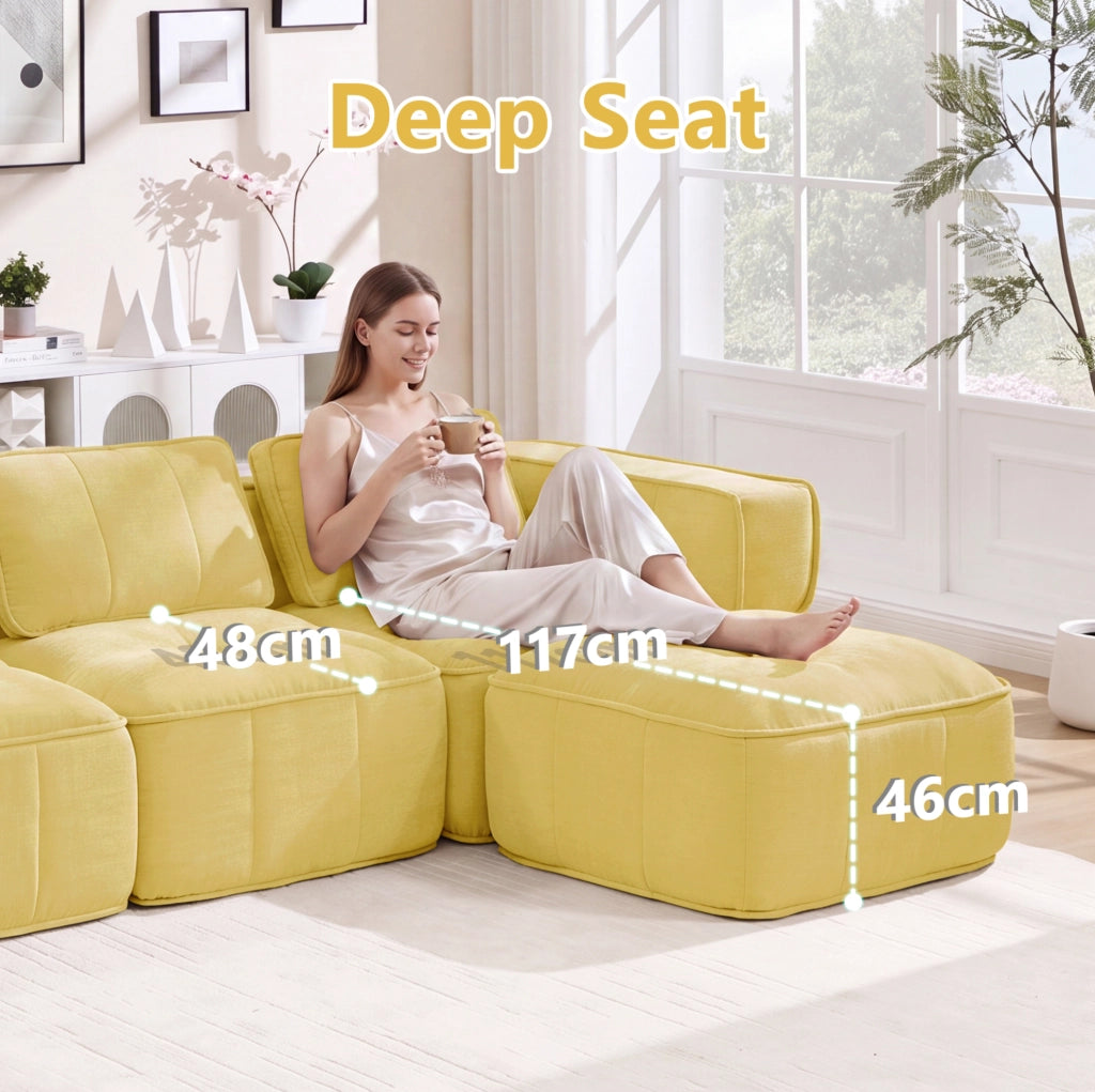 Divano modulare ULEVR 344x162 cm con pouf, seduta profonda e braccioli ampi, giallo