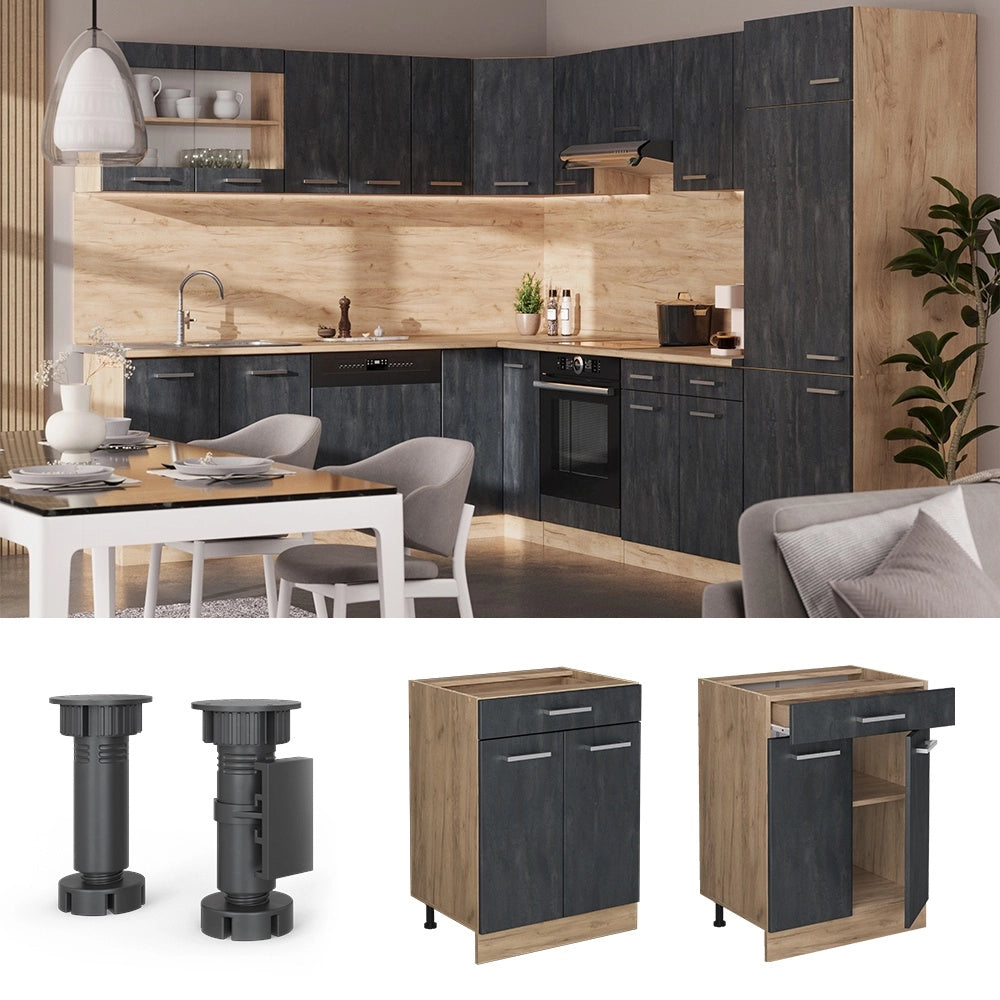 Mobiletto base per cucina R-Line Calce nera/Rovere dorato 60 cm PL Rovere Vicco