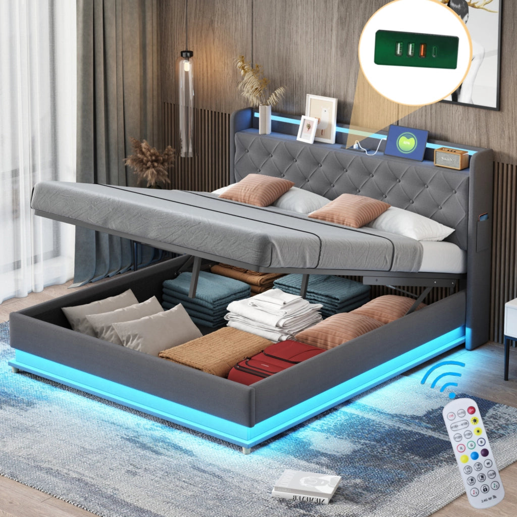 Letto matrimoniale imbottito 160x200 cm con LED; porta USB e contenitore idraulico; grigio