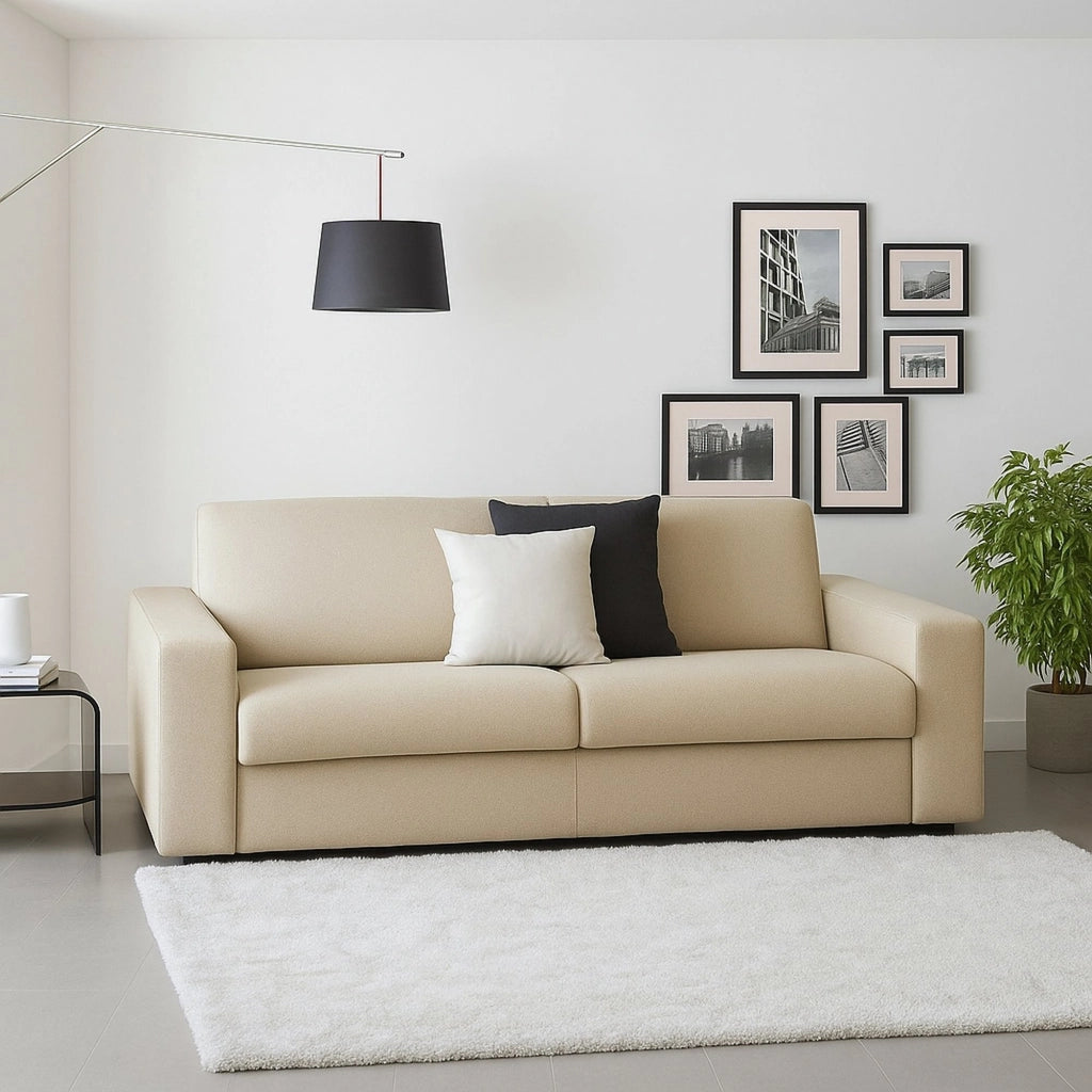 Divano fisso Azier, Divano a 2 posti Large, Made in Italy, SofÒ  Soggiorno in tessuto imbottito, con Braccioli standard, cm 200x95h90, Beige