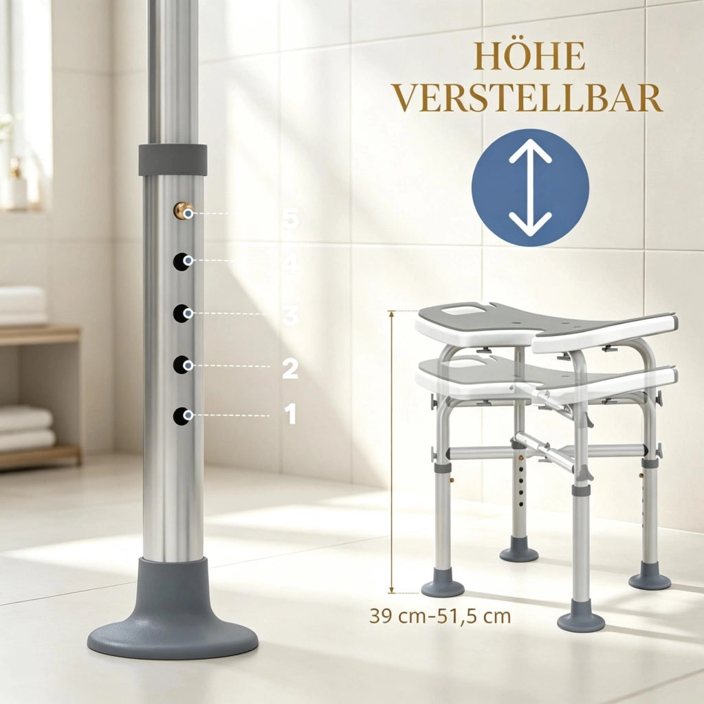 Sgabello doccia regolabile in altezza 39–51,5 cm con ventose e maniglia, grigio