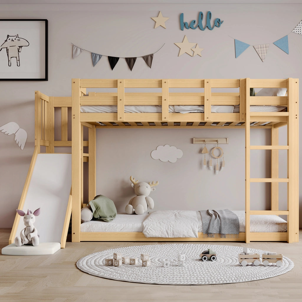 Letto a Castello 90x200 cm; 2 Posti; Scala; Sponde; Rampa e Tende; in Legno Naturale