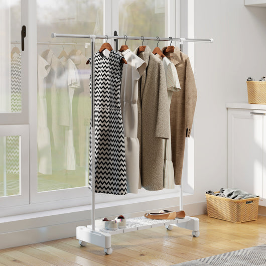 Stendibiancheria Estensibile con Ruote Acciaio Inox e Ripiano Porta Scarpe Bianco