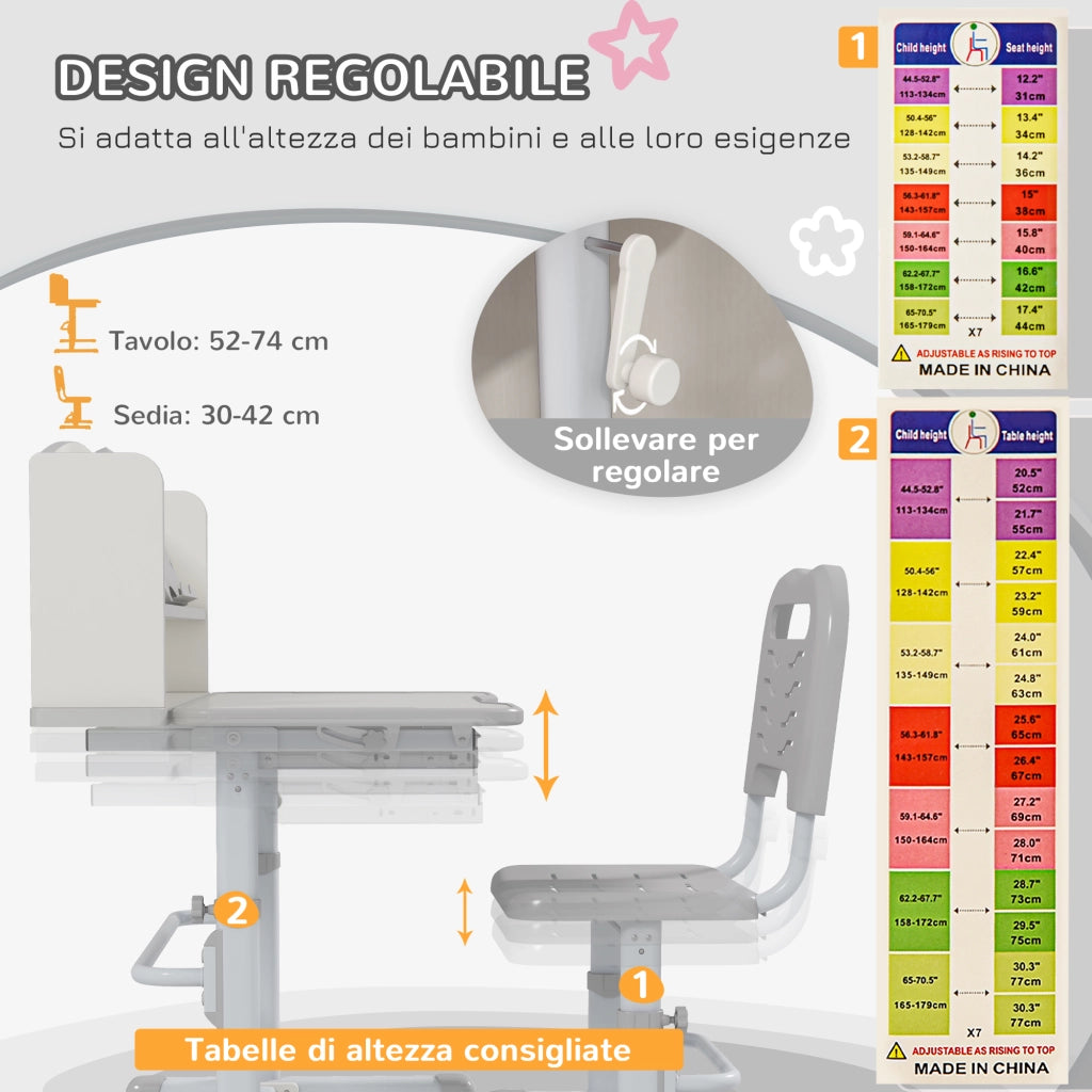Set Scrivania per Bambini con Sedia Regolabile in Altezza e Piano Inclinabile, Et¨¤ 6-12 Anni, Grigio