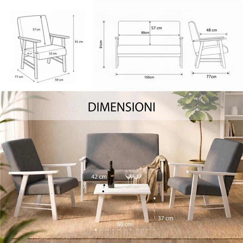 SET SALOTTO DA GIARDINO CON DIVANO, 2 POLTRONE + TAVOLINO IN LEGNO BIANCO E TESSUTO COLORE GRIGIO